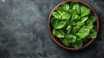 Poster - Bok choy fresh salad on wooden plate Grey background : Generative AI