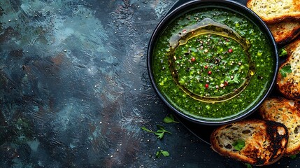 Poster - Broccoli cream soup in a bowl with toasted bread Top view Copy space : Generative AI
