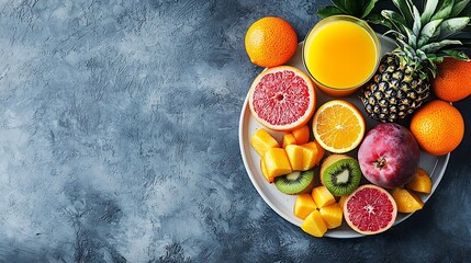 Poster - Tropical fruits assortment on a white plate with fresh juice textile grey background Top view Copy space : Generative AI