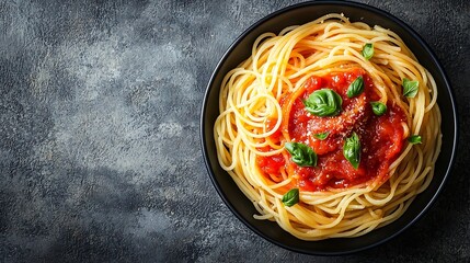 Poster - Pasta spaghetti with tomato sauce in black bowl on grey background Top view : Generative AI