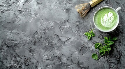 Aufkleber - Matcha green tea latte with matcha powder and bamboo whisk Grey stone background Copy space : Generative AI