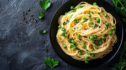 Poster - Pasta with green vegetables and creamy sauce in black bowl on grey stone background Top view Copy space : Generative AI