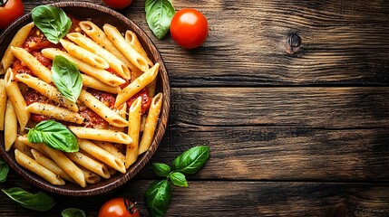 Poster - Pasta penne with roasted tomato sauce mozzarella cheese and fresh basil Wooden background : Generative AI