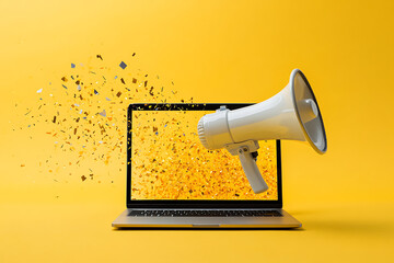 Poster - A megaphone emerges from a laptop, symbolizing communication and digital outreach.