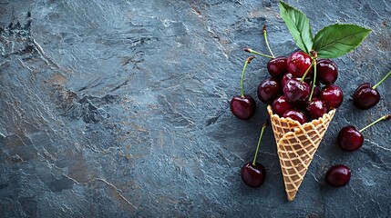 Poster - Cherries in waffle cone on blue stone background Top view Copy space : Generative AI