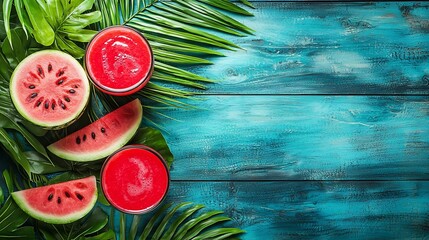 Poster - Watermelon juice fresh smoothie on colorful wooden background with palm leaves Top view : Generative AI