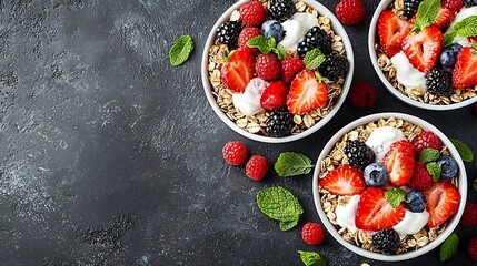 Poster - Healthy breakfast Fresh granola muesli with yogurt fruits and berries on grey background Top view : Generative AI