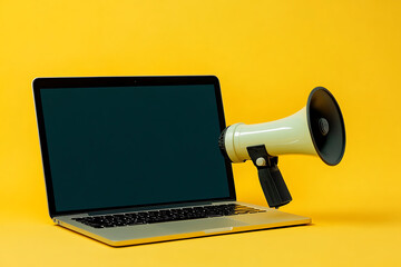 Poster - A laptop with a megaphone attached, symbolizing communication and broadcasting.