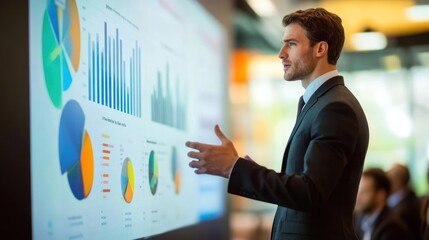 Poster - Business presentation with graphs and charts displayed on a screen.