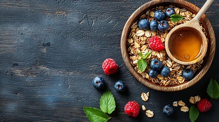 Poster - Healthy breakfast Fresh granola muesli with berries honey and milk in a wooden bowl on a wooden background Top view : Generative AI