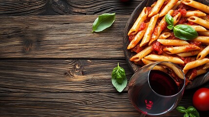 Poster - Pasta penne with roasted tomato sauce mozzarella cheese with glass red wine Wooden background Top view : Generative AI