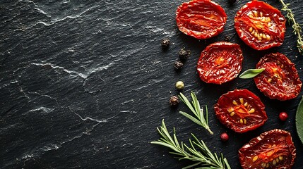 Aufkleber - Sun dried tomatoes with fresh herbs and spices Slate background Close up Top view : Generative AI