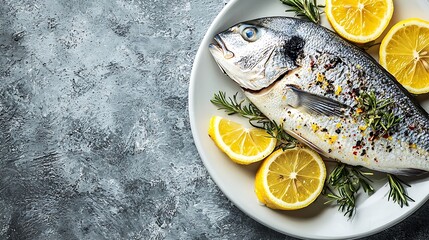 Poster - Fresh raw fish dorado on a plate with herbs and slices of lemon Grey stone background Top view : Generative AI