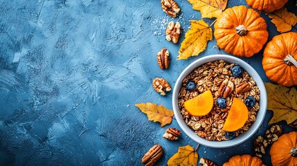 Poster - Healthy breakfast Fresh granola muesli with pumpkinpecan nutscranberries and maple syrup in white bowl : Generative AI