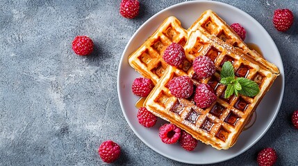 Poster - Belgian waffles with maple syrup and fresh raspberry Grey background Top view : Generative AI