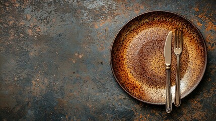 Aufkleber - Plate with fork and knife Dark background Copy space Top view : Generative AI