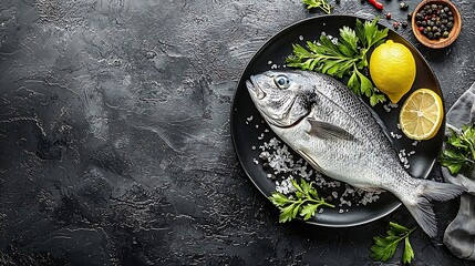 Poster - Raw fish dorado on a plate Black stone background Top view : Generative AI