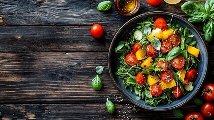 Poster - Vegetable Bulgarian shopska salad Wooden background Top view : Generative AI