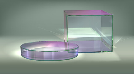 Poster - 3d glass box podium. Crystal cylinder display stand with background. Cube pedestal and circle plexiglass stage mockup scene. Showcase for presentation design with prism and light reflection effect