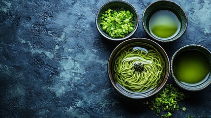 Poster - Soba noodles with sauce and green tea set Japanese food Copy space Black slate background : Generative AI