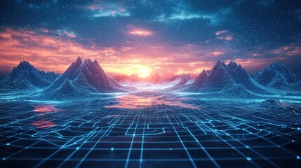 a retro-futuristic digital landscape with wireframe mountains and a glowing horizon.