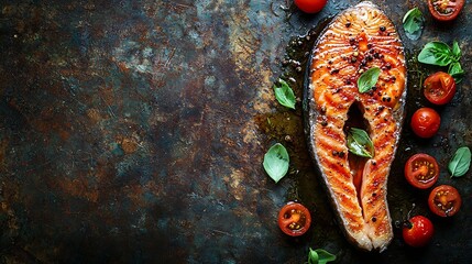Poster - Salmon steak fillet with herbs tomatoes and spices Dark background Top view : Generative AI