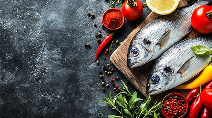 Poster - Fresh Dorado fishes on a wooden cutting board with vegetables herbs and spices Black stone background Top view Copy space : Generative AI