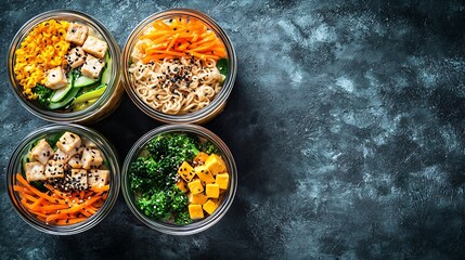Poster - Noodles soba salad soup with vegetables tofu and chicken in jars Grey background Copy space Top view : Generative AI