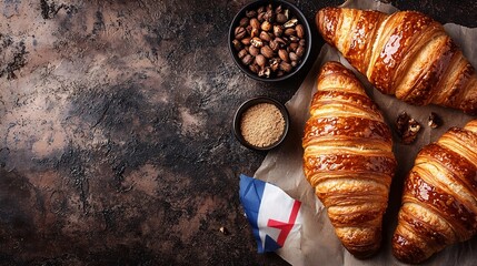 Poster - Croissants with baking ingredients and France flag Traditional French pastry Top view Copy space : Generative AI