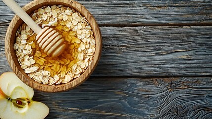 Poster - Overnight oats bircher muesli with apple cinnamon and honey Wooden background Close up : Generative AI