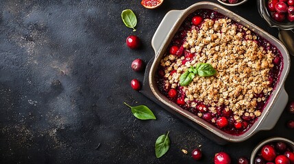 Poster - Cranberry crumble crisp in a baking dish Grey background Top view : Generative AI