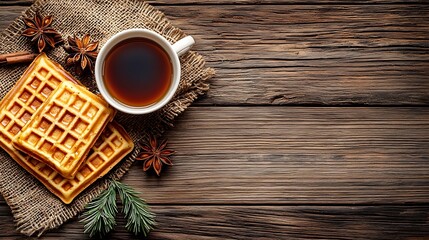 Poster - Whole wheat waffles with maple syrup and coffee on a wooden background : Generative AI