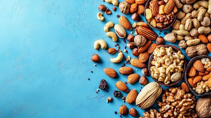 Poster - Assortment of nuts and dry fruits Healthy food Blue background Top view Copy space : Generative AI