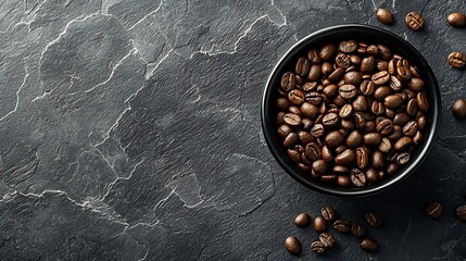 Poster - Coffee beans in black bowl on grey slate background Close up : Generative AI