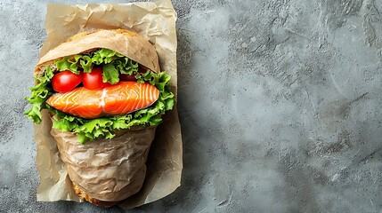 Poster - Wrap sandwich roll with fish salmon and vegetables Grey background Copy space Top view : Generative AI