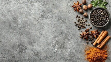 Poster - Spices for Indian masala tea Grey background Close up Top view : Generative AI
