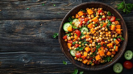 Poster - Healthy vegetarian salad Lentil chickpea carrot pumpkin tomatoes cucumber Wooden background Top view : Generative AI