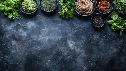 Poster - Assortment of Japanese soba noodles with sauce and garnishes Black slate background : Generative AI