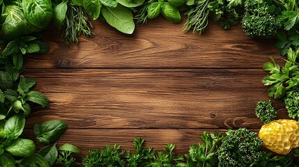 Poster - Assortment of fresh herbs Wooden background Copy space Top view : Generative AI