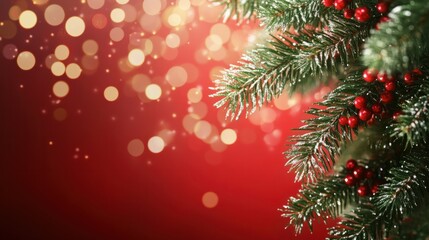 Wall Mural - christmas background with xmas tree and sparkle bokeh lights on red canvas background. merry christm