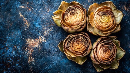 Poster - Fresh artichokes hearts on dark marble background Close up Top view : Generative AI