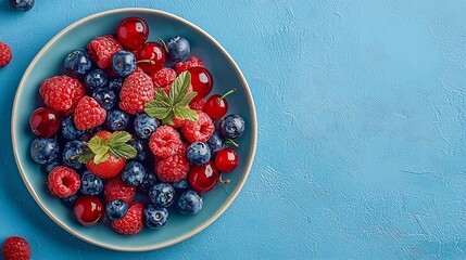 Poster - Assortment of fresh berries blueberries cherries raspberries on plate Blue background Top view : Generative AI