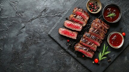Poster - Grilled sliced beef steak on slate stone table Top view Copy space : Generative AI