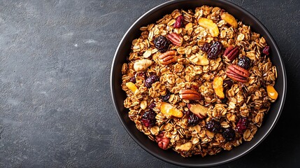 Poster - Healthy breakfast Fresh granola muesli with pumpkinpecan nutscranberries and maple syrup Copy space Top view : Generative AI