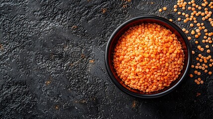 Poster - Red lentil in a black bowl on grey stone background Top view Copy space : Generative AI