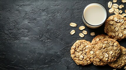 Poster - Healthy vegan oat cookies with glass of milk Grey background Top view : Generative AI