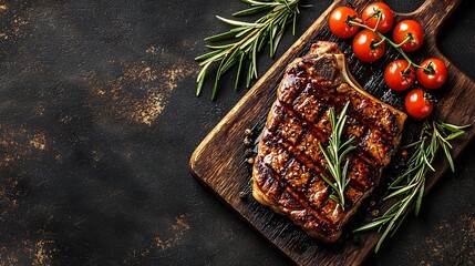Poster - Beef steak with cherry tomato and rosemary on a dark cutting board Wooden background Top view Copy space : Generative AI