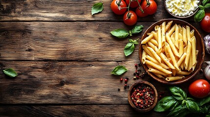 Poster - Pasta penne with roasted tomato sauce mozzarella cheese Top view Wooden background : Generative AI