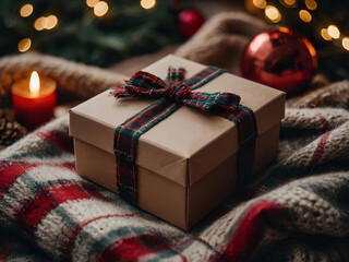 A festive gift box with a plaid ribbon resting on a cozy wool blanket with a holiday theme.