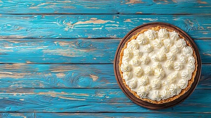 Poster - Apple pie with cream on a blue wooden background Top view Copy space : Generative AI